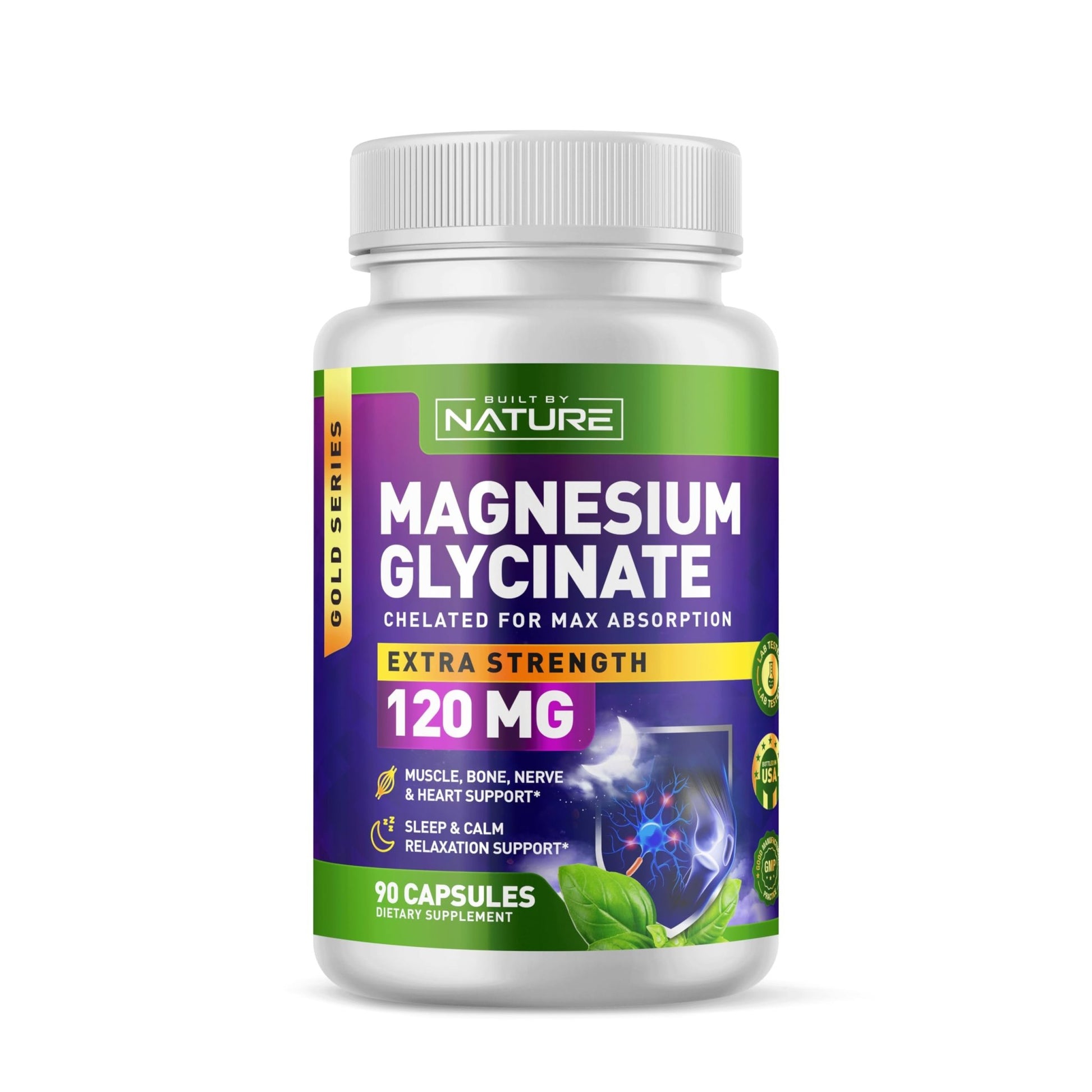 Built By Nature Magnesium Glycinate - Chelated for High Absorption – Supplement to Support Sleep, Muscle, Heart & Nerve Health - 120 mg Magnesium per Serving/Capsule - 90 Capsules - dailyvitalstore