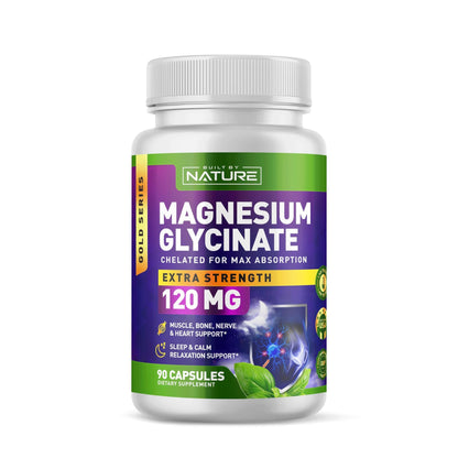 Built By Nature Magnesium Glycinate - Chelated for High Absorption – Supplement to Support Sleep, Muscle, Heart & Nerve Health - 120 mg Magnesium per Serving/Capsule - 90 Capsules - dailyvitalstore
