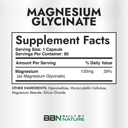 Built By Nature Magnesium Glycinate - Chelated for High Absorption – Supplement to Support Sleep, Muscle, Heart & Nerve Health - 120 mg Magnesium per Serving/Capsule - 90 Capsules - dailyvitalstore