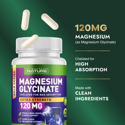 Built By Nature Magnesium Glycinate - Chelated for High Absorption – Supplement to Support Sleep, Muscle, Heart & Nerve Health - 120 mg Magnesium per Serving/Capsule - 90 Capsules - dailyvitalstore