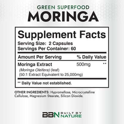 Built by Nature Moringa – 500mg Pure Moringa Leaf Extract 50:1 per Serving – High Potency Moringa Supplement – 120 Capsules - dailyvitalstore
