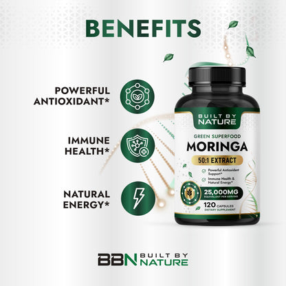 Built by Nature Moringa – 500mg Pure Moringa Leaf Extract 50:1 per Serving – High Potency Moringa Supplement – 120 Capsules - dailyvitalstore