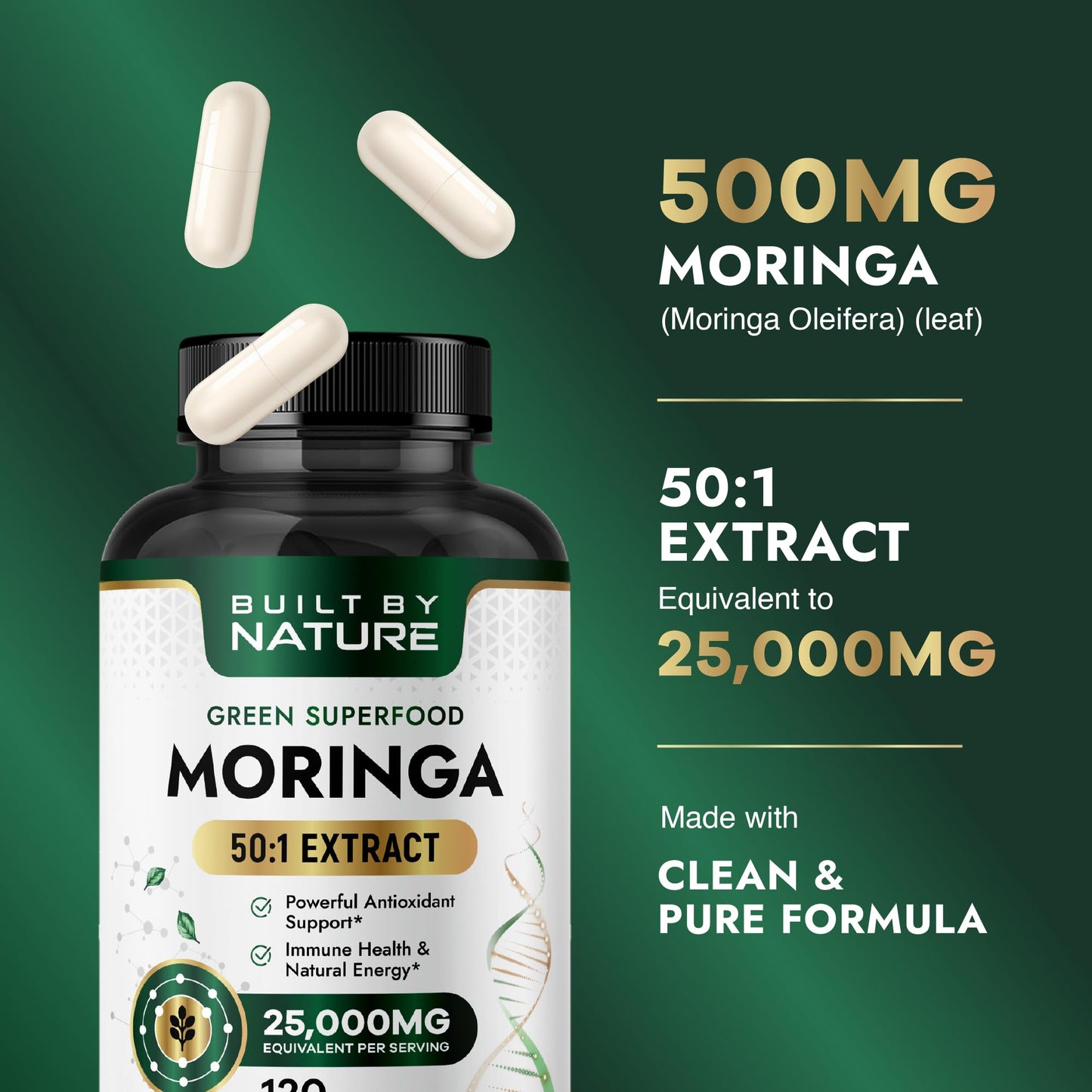 Built by Nature Moringa – 500mg Pure Moringa Leaf Extract 50:1 per Serving – High Potency Moringa Supplement – 120 Capsules - dailyvitalstore