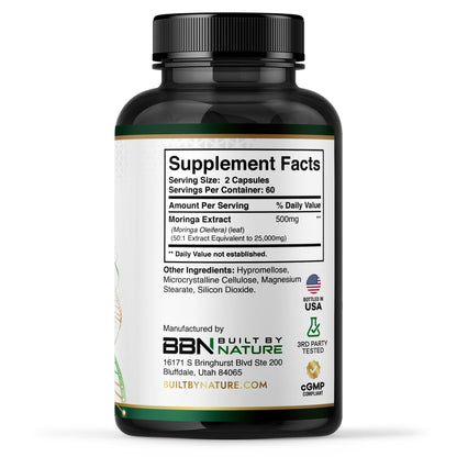 Built by Nature Moringa – 500mg Pure Moringa Leaf Extract 50:1 per Serving – High Potency Moringa Supplement – 120 Capsules - dailyvitalstore