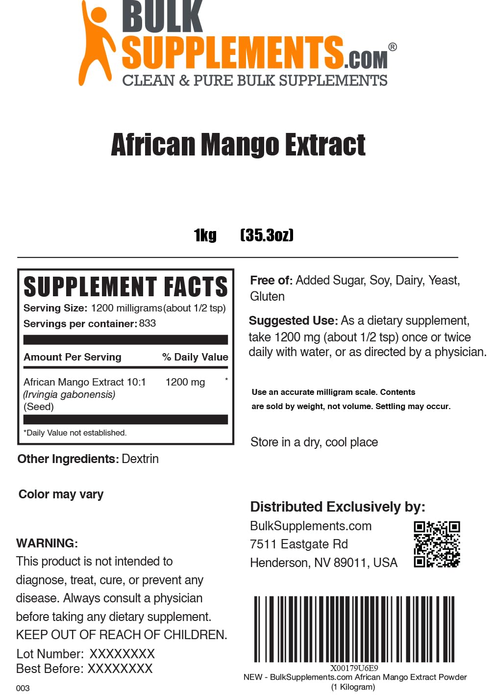 BulkSupplements.com African Mango Extract Powder - Irvingia Gabonensis, African Mango Powder - Gluten Free, 1.2g per Serving, 1kg (2.2 lbs) (Pack of 1) - dailyvitalstore