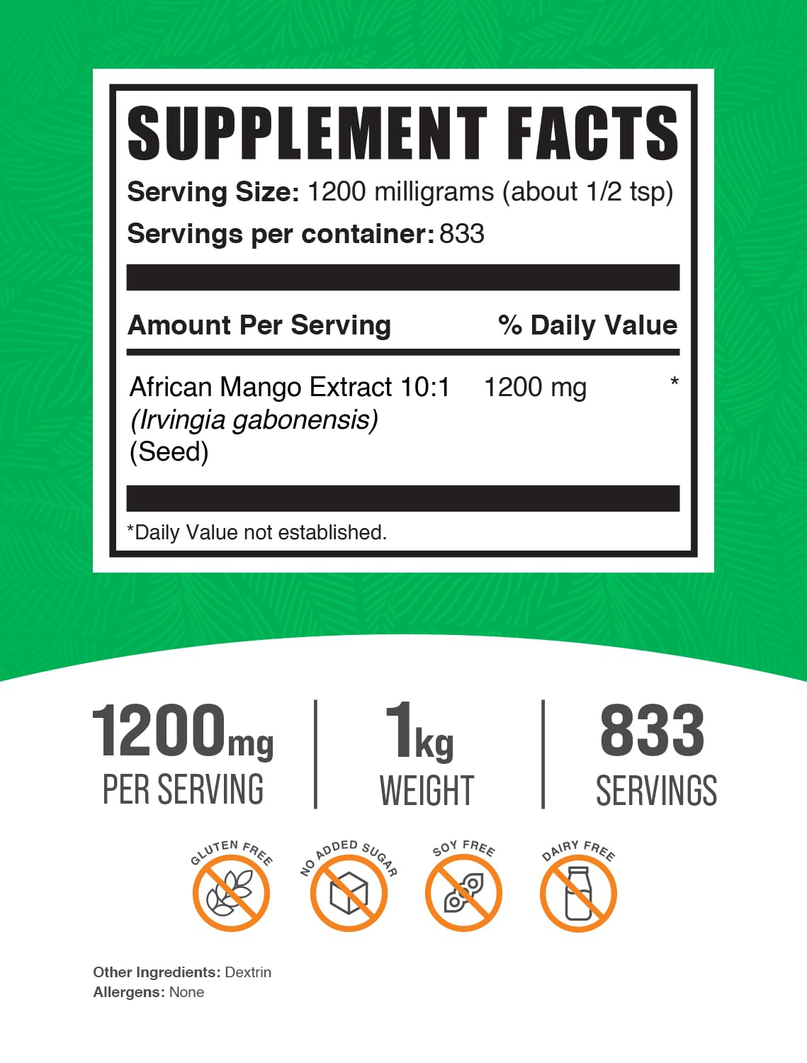 BulkSupplements.com African Mango Extract Powder - Irvingia Gabonensis, African Mango Powder - Gluten Free, 1.2g per Serving, 1kg (2.2 lbs) (Pack of 1) - dailyvitalstore