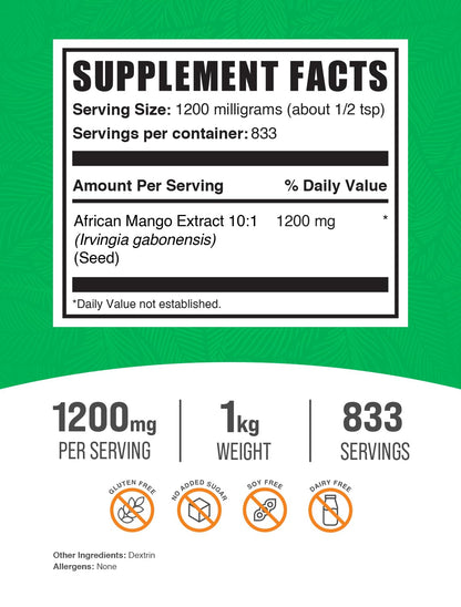 BulkSupplements.com African Mango Extract Powder - Irvingia Gabonensis, African Mango Powder - Gluten Free, 1.2g per Serving, 1kg (2.2 lbs) (Pack of 1) - dailyvitalstore