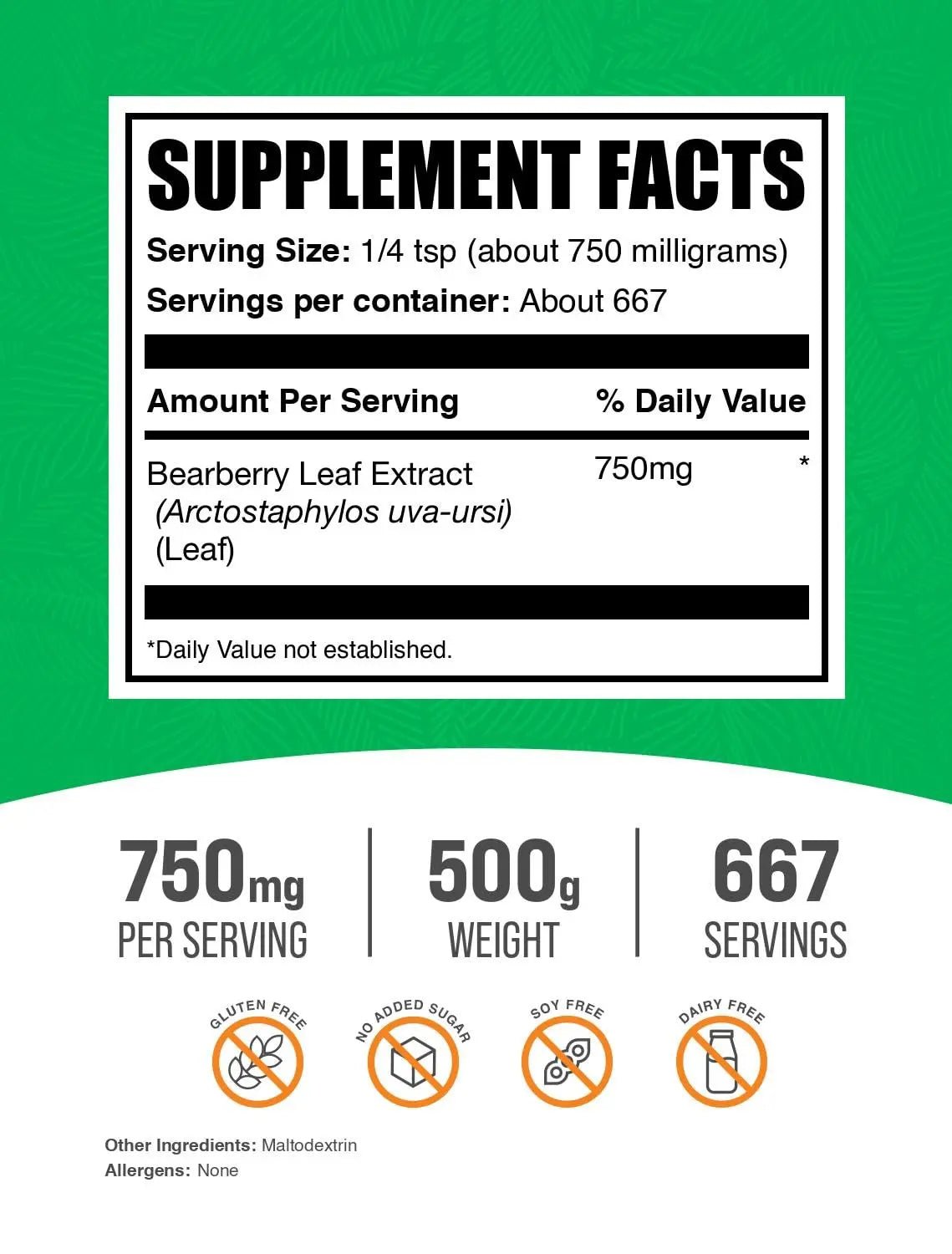 BulkSupplements.com Bearberry Leaf Extract Powder - Uva Ursi Extract, Herbal Supplement - Vegan & Gluten Free, 750mg per Serving, 500g (1.1 lbs) (Pack of 1) - dailyvitalstore
