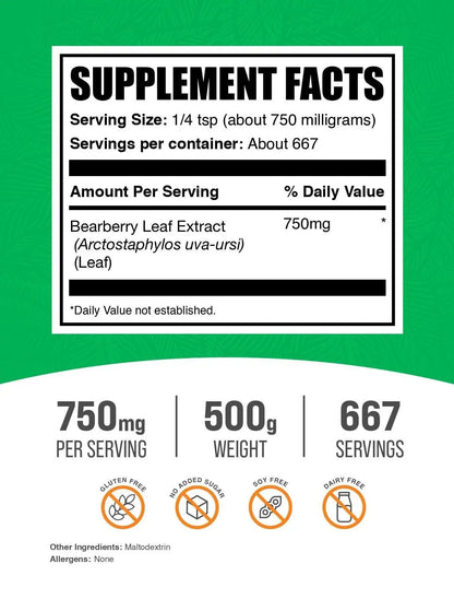 BulkSupplements.com Bearberry Leaf Extract Powder - Uva Ursi Extract, Herbal Supplement - Vegan & Gluten Free, 750mg per Serving, 500g (1.1 lbs) (Pack of 1) - dailyvitalstore