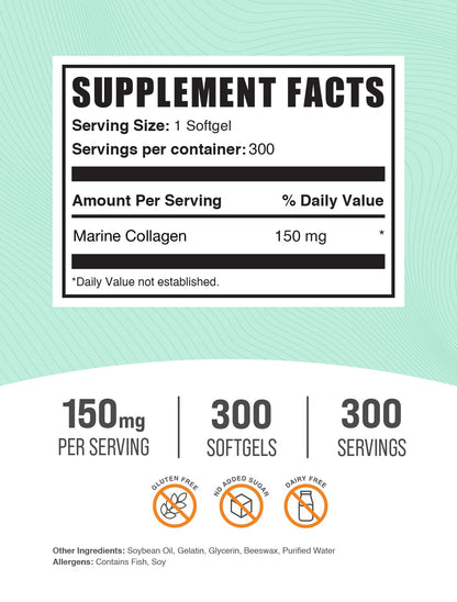 BulkSupplements.com Collagen Softgels - Collagen Peptides Capsules - Collagen Pills for Women - Collagen Peptides Pills - Marine Collagen - Collagen Supplements (300 Count - 300 Servings) - dailyvitalstore