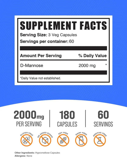 BulkSupplements.com D-Mannose Capsules - D-Mannose Supplement, for Urinary Tract Support - Vegan & Gluten Free, 3 Capsules per Serving (2000mg), 180 Count (Pack of 1) - dailyvitalstore