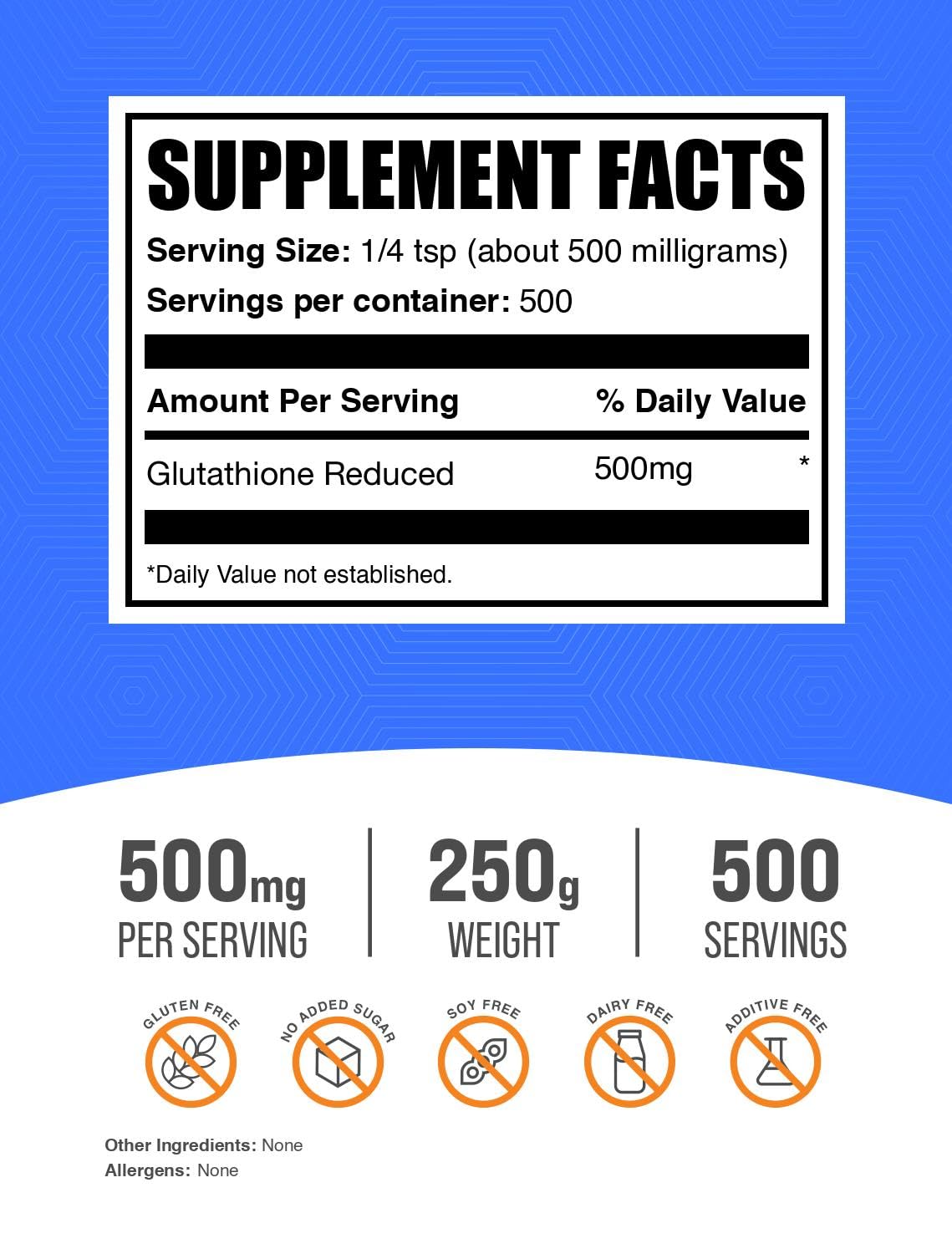 BulkSupplements.com Glutathione Reduced Powder - Glutathione Supplement, Reduced Glutathione Powder - Glutathione 500mg, Gluten Free, 500mg per Serving, 250g (8.8 oz) (Pack of 1) - dailyvitalstore