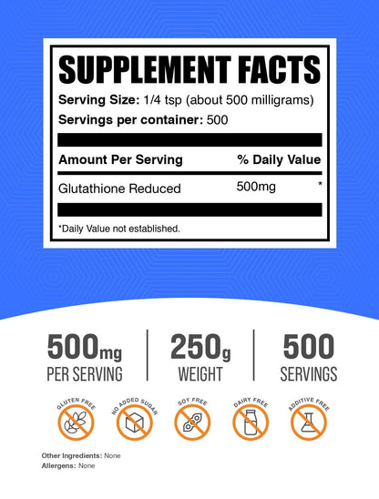 BulkSupplements.com Glutathione Reduced Powder - Glutathione Supplement, Reduced Glutathione Powder - Glutathione 500mg, Gluten Free, 500mg per Serving, 250g (8.8 oz) (Pack of 1) - dailyvitalstore