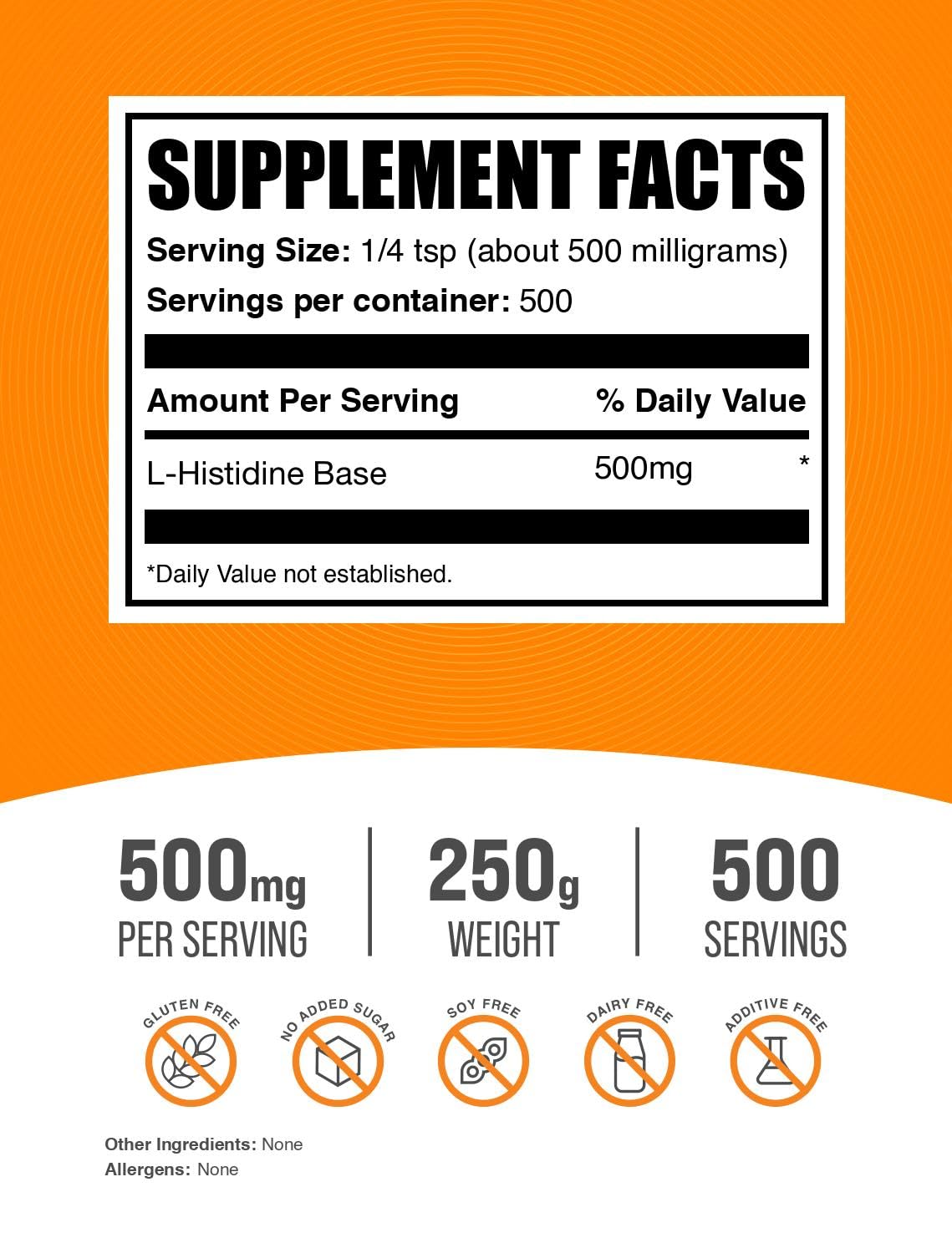 BulkSupplements.com L-Histidine Powder - as L-Histidine Base, Histidine Supplement - Essential Amino Acid & Gluten Free, 500mg per Serving, 250g (8.8 oz) (Pack of 1) - dailyvitalstore