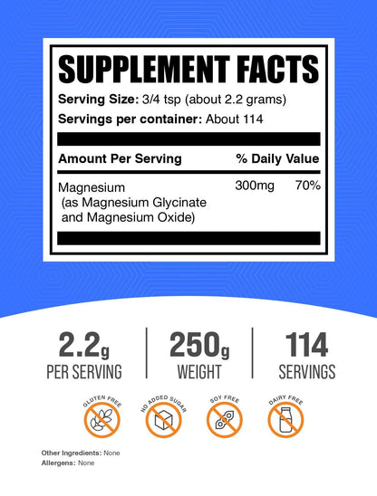 BulkSupplements.com Magnesium Glycinate Powder - Magnesium Glycinate 300mg, Highly Absorbable - Gluten Free, 2.2g per Serving, 250g (8.8 oz) (Pack of 1) - dailyvitalstore