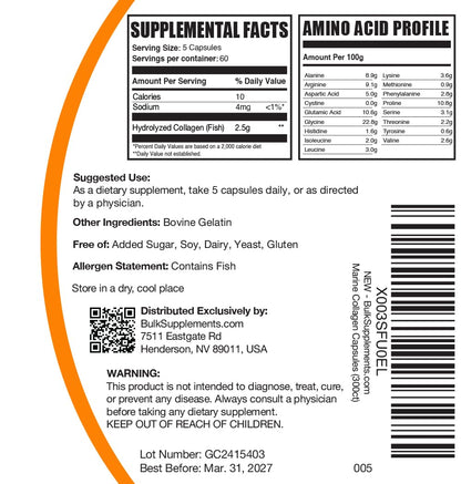 BulkSupplements.com Marine Collagen Capsules - Fish Collagen Supplement, Collagen for Women & Men - Hydrolyzed Collagen, Gluten Free, 5 Capsules per Serving, 300 Capsules (Pack of 1) - dailyvitalstore