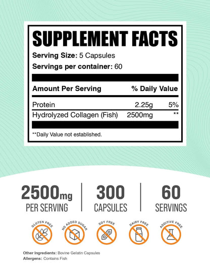 BulkSupplements.com Marine Collagen Capsules - Fish Collagen Supplement, Collagen for Women & Men - Hydrolyzed Collagen, Gluten Free, 5 Capsules per Serving, 300 Capsules (Pack of 1) - dailyvitalstore