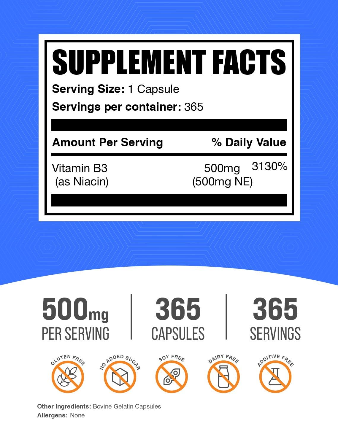 BulkSupplements.com Niacin Capsules - Niacin Supplement, Vitamin B3 - Gluten Free, 1 Capsule per Serving, 365 Capsules (Pack of 1) - dailyvitalstore