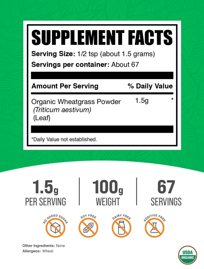 BulkSupplements.com Organic Wheatgrass Powder - Organic Super Greens Powder, Superfoods Supplement - Vegan & Gluten Free, 1.5g per Serving, 100g (3.5 oz) (Pack of 1) - dailyvitalstore