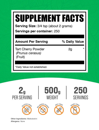 BulkSupplements.com Tart Cherry Powder - Fruit Powder, Tart Cherry Supplements - Antioxidant Source, Gluten Free & No Added Sugar, 2g per Serving, 500g (1.1 lbs) (Pack of 1) - dailyvitalstore