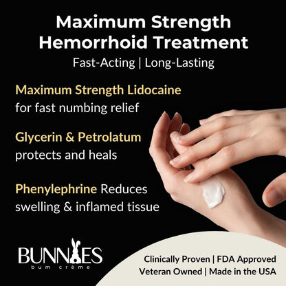 BUNNIES BUM CRÈME 5% Lidocaine Rapid Hemorrhoid Soothing Cream, 2 oz, Maximum Strength for Fast Acting for Pain, Burning, Itching, Swelling & Discomfort. - dailyvitalstore