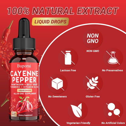 Buporai Cayenne Pepper Drops, Cayenne Pepper Extract Liquid Supplement for Overall Well-Being, 2 fl oz, Vitamin D3 K2 Beet Root Powder - dailyvitalstore