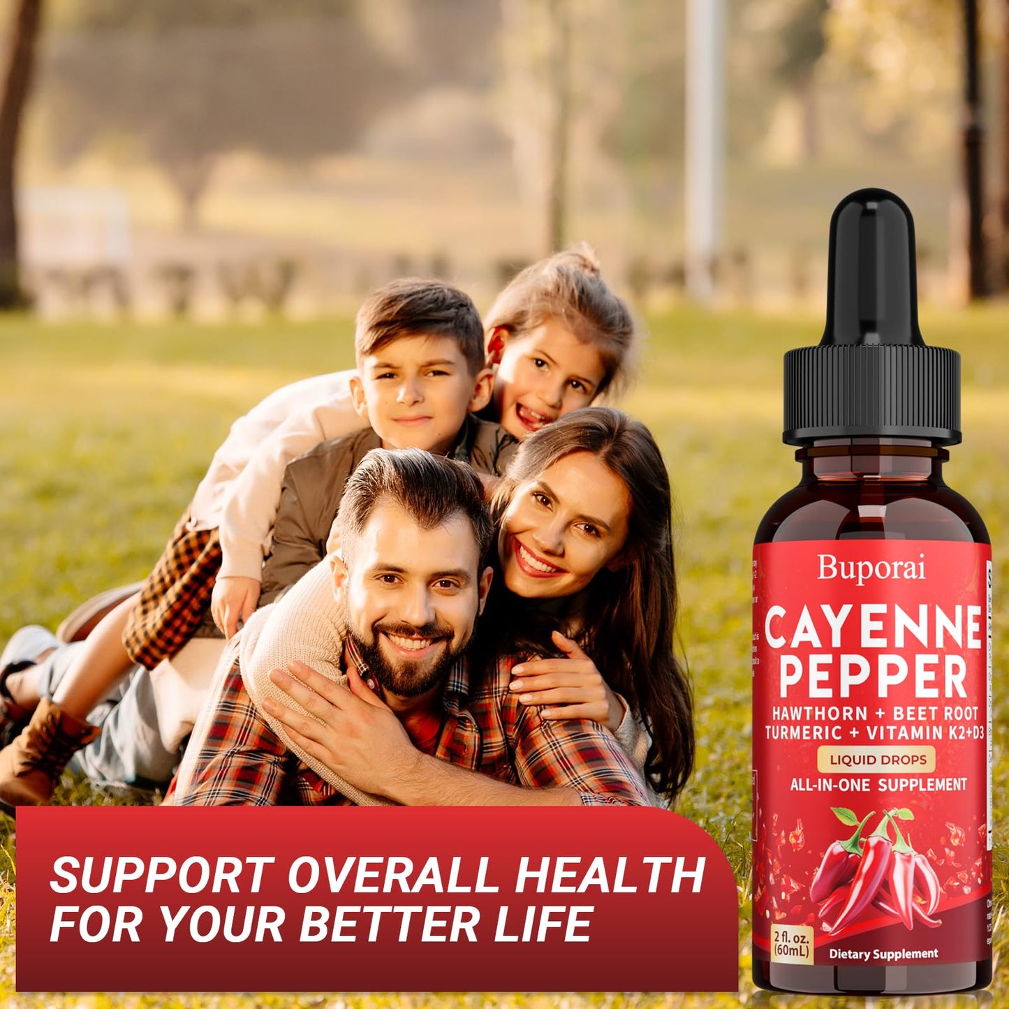 Buporai Cayenne Pepper Drops, Cayenne Pepper Extract Liquid Supplement for Overall Well-Being, 2 fl oz, Vitamin D3 K2 Beet Root Powder - dailyvitalstore