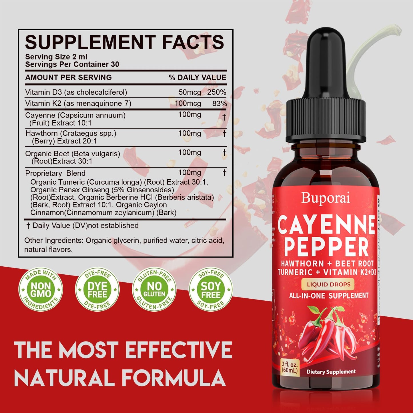 Buporai Cayenne Pepper Drops, Cayenne Pepper Extract Liquid Supplement for Overall Well-Being, 2 fl oz, Vitamin D3 K2 Beet Root Powder - dailyvitalstore