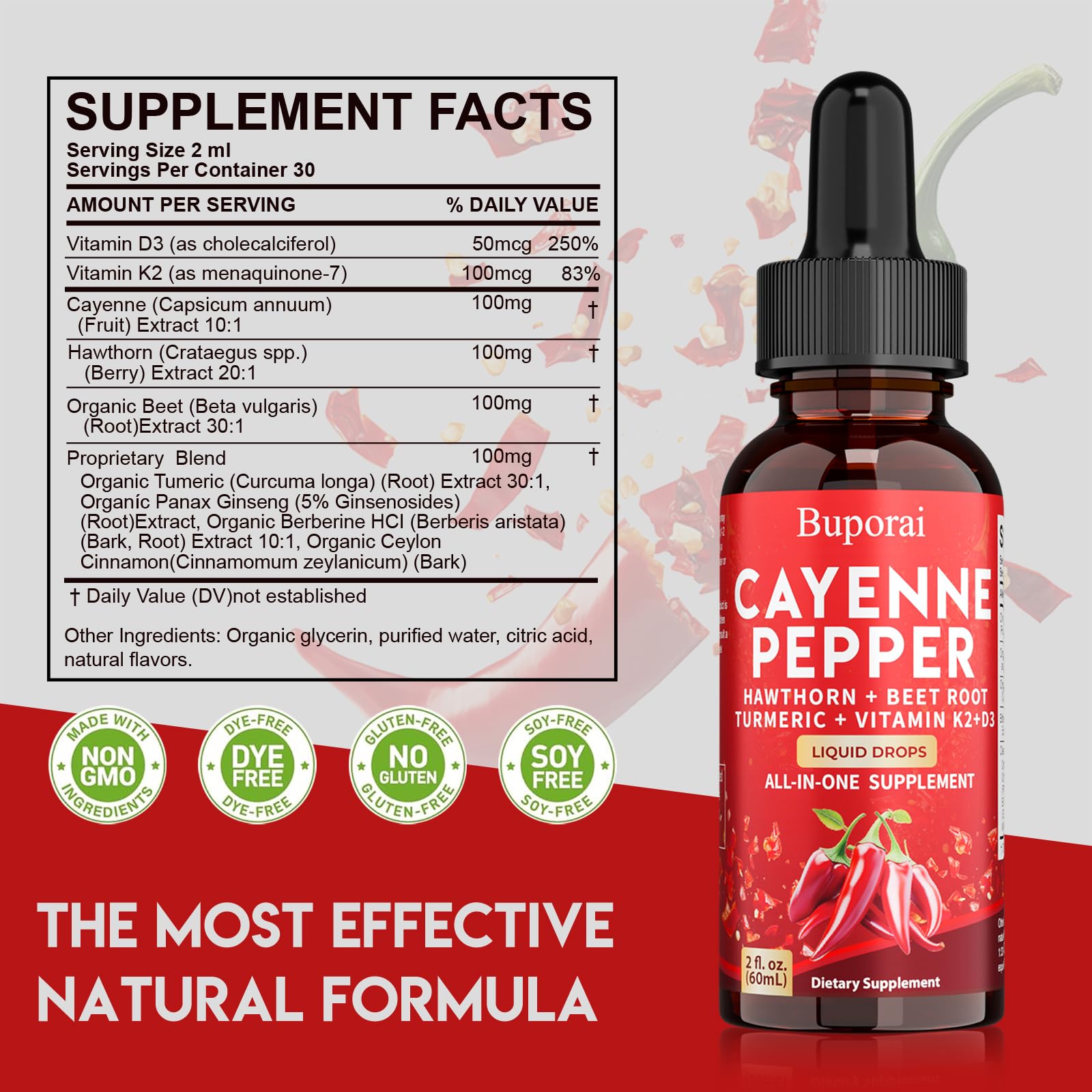 Buporai Cayenne Pepper Drops, Cayenne Pepper Extract Liquid Supplement for Overall Well-Being, 2 fl oz, Vitamin D3 K2 Beet Root Powder - dailyvitalstore