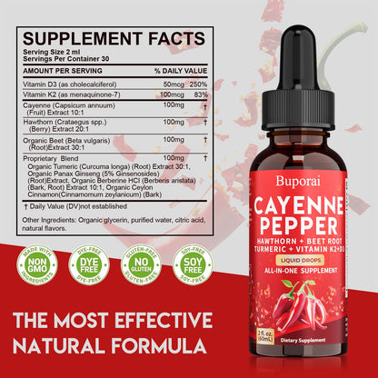 Buporai Cayenne Pepper Drops, Cayenne Pepper Extract Liquid Supplement for Overall Well-Being, 2 fl oz, Vitamin D3 K2 Beet Root Powder - dailyvitalstore