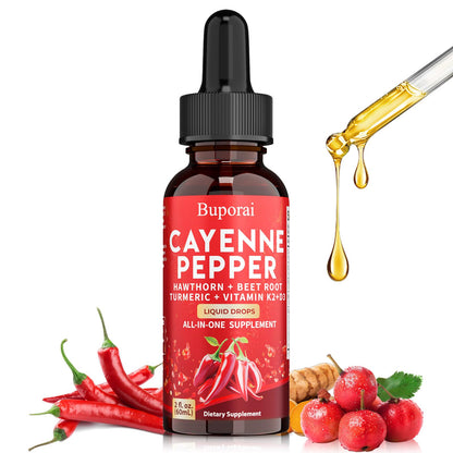 Buporai Cayenne Pepper Drops, Cayenne Pepper Extract Liquid Supplement for Overall Well-Being, 2 fl oz, Vitamin D3 K2 Beet Root Powder - dailyvitalstore