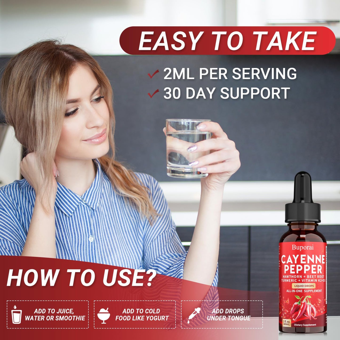 Buporai Cayenne Pepper Drops, Cayenne Pepper Extract Liquid Supplement for Overall Well-Being, 2 fl oz, Vitamin D3 K2 Beet Root Powder - dailyvitalstore