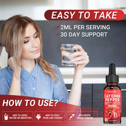 Buporai Cayenne Pepper Drops, Cayenne Pepper Extract Liquid Supplement for Overall Well-Being, 2 fl oz, Vitamin D3 K2 Beet Root Powder - dailyvitalstore