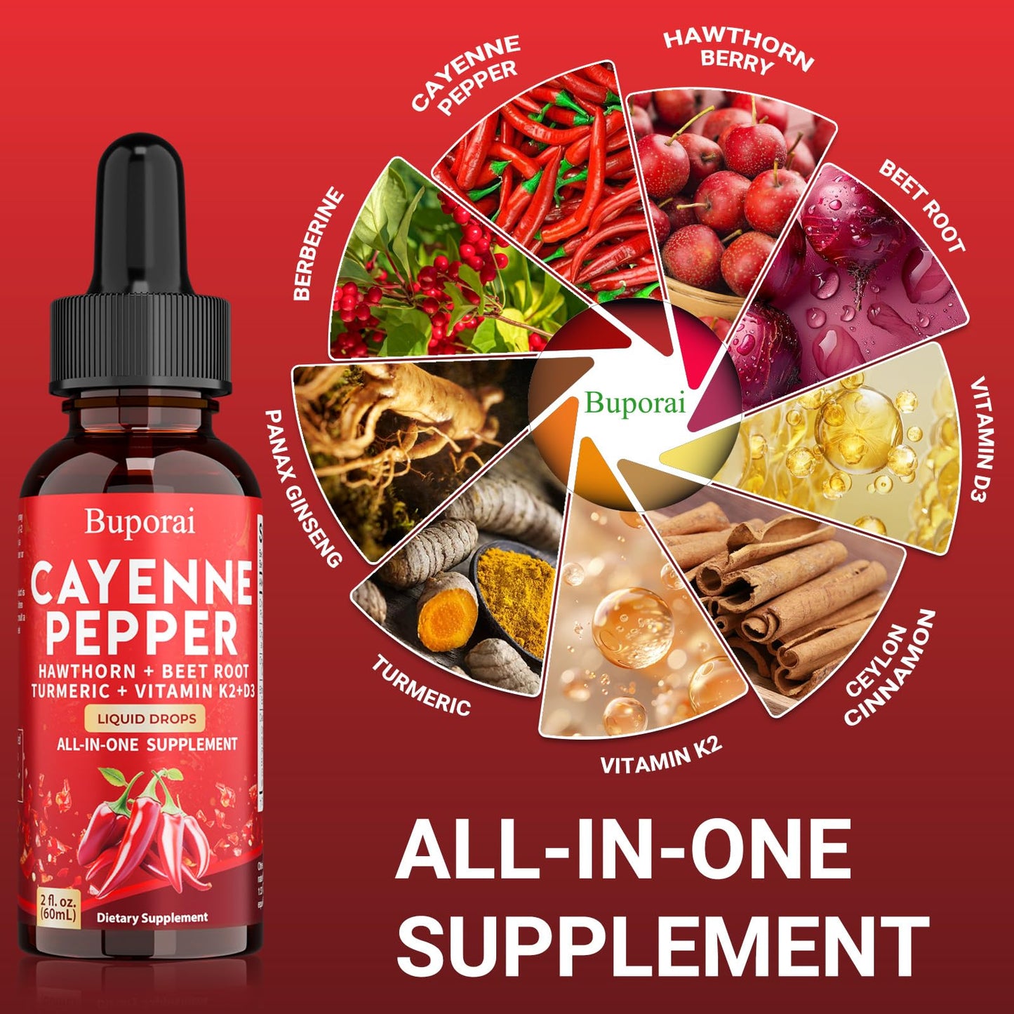 Buporai Cayenne Pepper Drops, Cayenne Pepper Extract Liquid Supplement for Overall Well-Being, 2 fl oz, Vitamin D3 K2 Beet Root Powder - dailyvitalstore