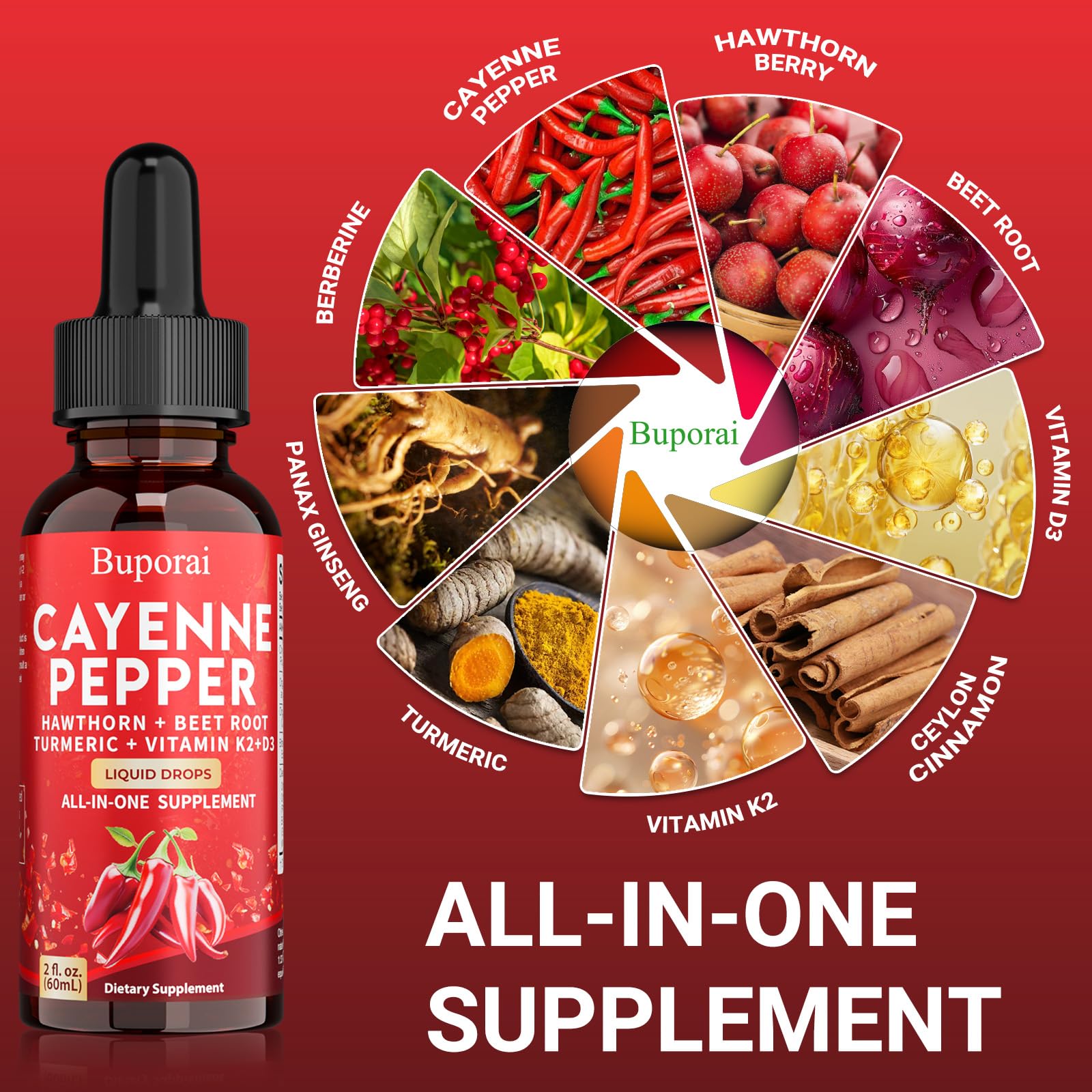 Buporai Cayenne Pepper Drops, Cayenne Pepper Extract Liquid Supplement for Overall Well-Being, 2 fl oz, Vitamin D3 K2 Beet Root Powder - dailyvitalstore