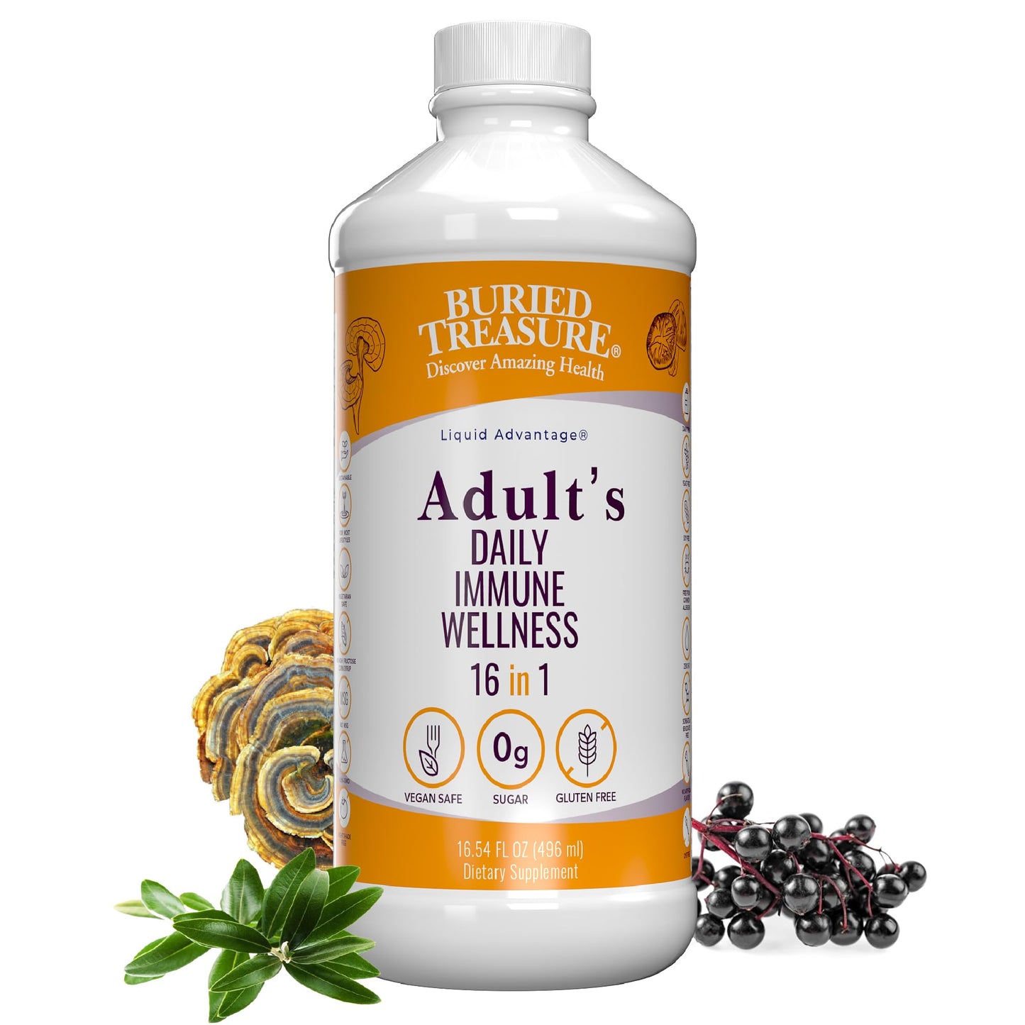 Buried Treasure Adult Daily Immune Wellness - 16 Fl oz, 16 serv, Liquid Nutrient Blend for Immune Support with Elderberry, Echinacea, Vitamins & more - dailyvitalstore