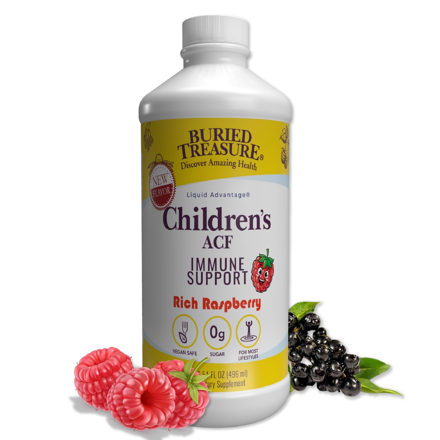 Buried Treasure Children’s ACF Liquid Immune Support for Kids – Elderberry, Echinacea & Botanicals – Raspberry Flavor – 16 oz – Sugar Free - dailyvitalstore