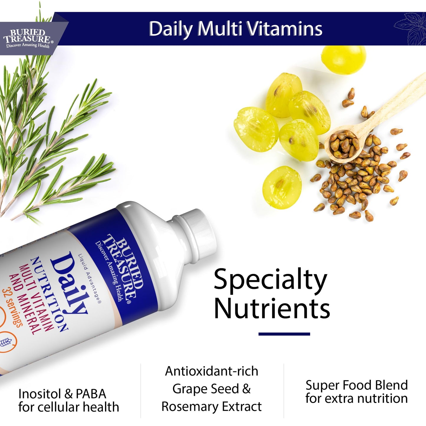 Buried Treasure Daily Nutrition Liquid Multivitamin and Mineral Supplement with Trace Minerals, Superfoods, Vitamin A, B-Complex, C, D, E, Methylfolate, Biotin, Magnesium, Zinc, Resveratrol, 32 serv - dailyvitalstore