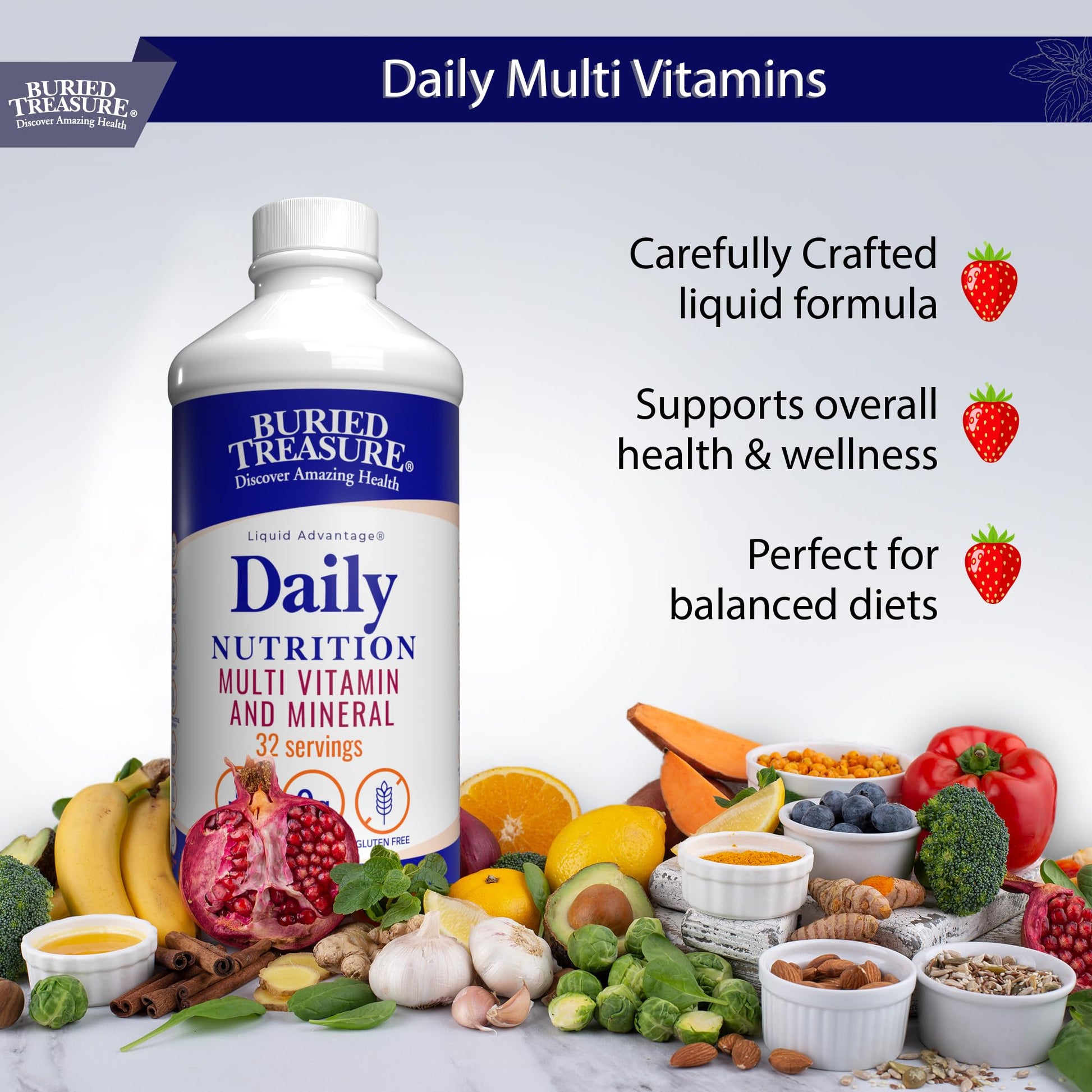 Buried Treasure Daily Nutrition Liquid Multivitamin and Mineral Supplement with Trace Minerals, Superfoods, Vitamin A, B-Complex, C, D, E, Methylfolate, Biotin, Magnesium, Zinc, Resveratrol, 32 serv - dailyvitalstore