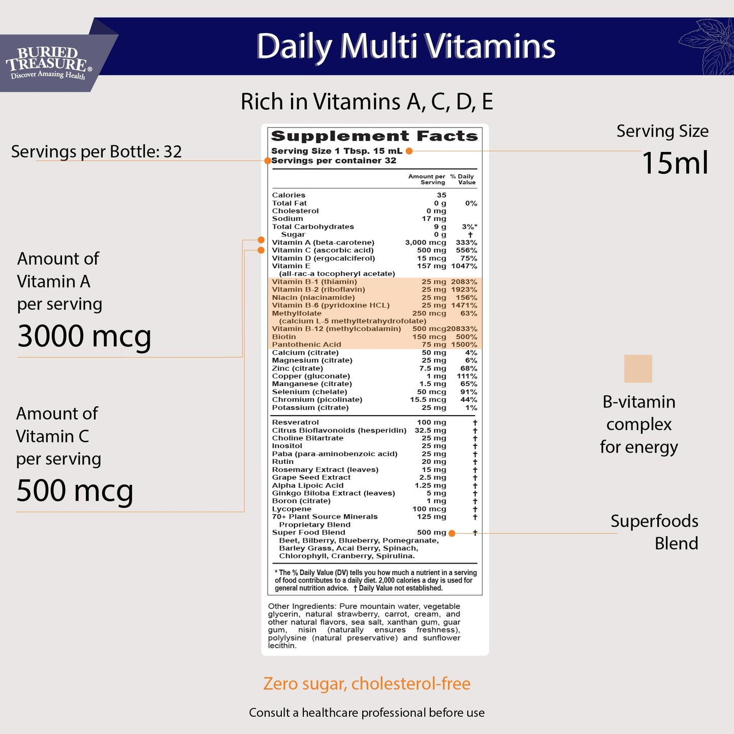 Buried Treasure Daily Nutrition Liquid Multivitamin and Mineral Supplement with Trace Minerals, Superfoods, Vitamin A, B-Complex, C, D, E, Methylfolate, Biotin, Magnesium, Zinc, Resveratrol, 32 serv - dailyvitalstore