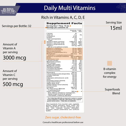 Buried Treasure Daily Nutrition Liquid Multivitamin and Mineral Supplement with Trace Minerals, Superfoods, Vitamin A, B-Complex, C, D, E, Methylfolate, Biotin, Magnesium, Zinc, Resveratrol, 32 serv - dailyvitalstore