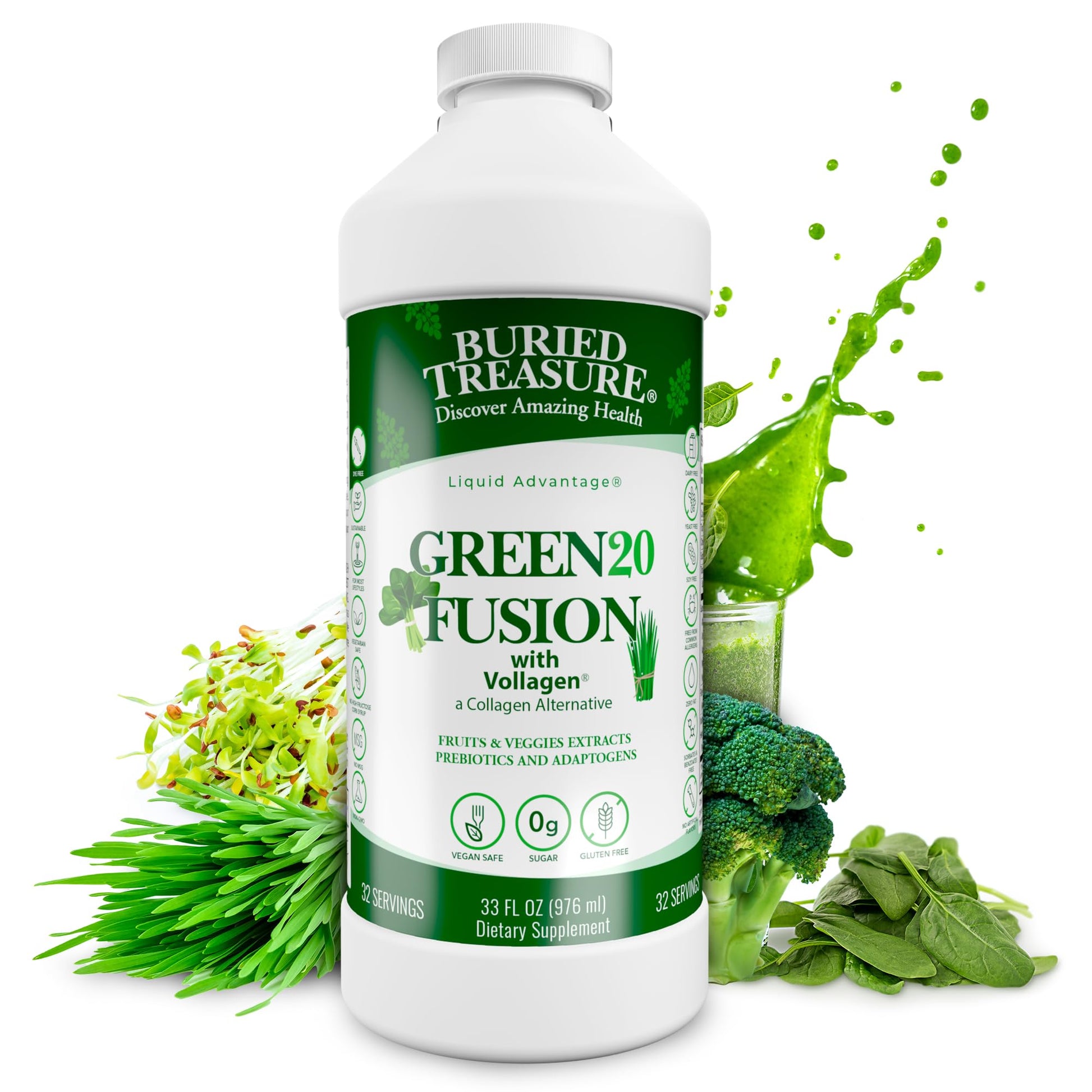 Buried Treasure Green20 Fusion – Superfood Blend with Vollagen for Skin, Hair, and Joint Support, Plant-Based, Vegan, Non-GMO Gluten-Free, Dairy-Free, Soy-Free, 32oz Liquid - dailyvitalstore
