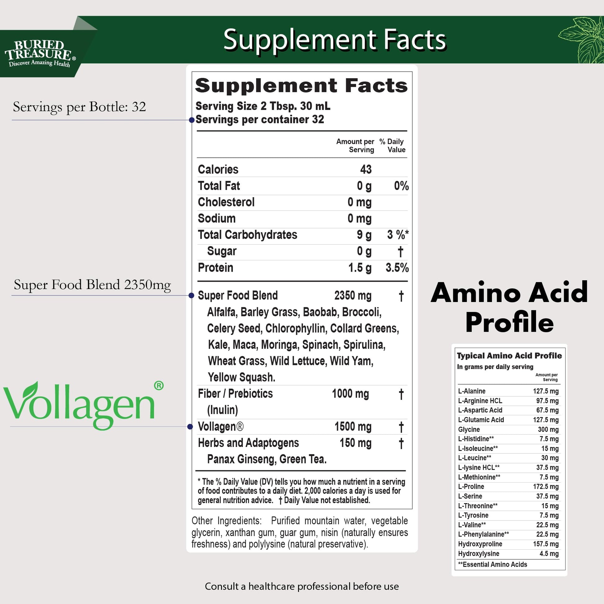 Buried Treasure Green20 Fusion – Superfood Blend with Vollagen for Skin, Hair, and Joint Support, Plant-Based, Vegan, Non-GMO Gluten-Free, Dairy-Free, Soy-Free, 32oz Liquid - dailyvitalstore