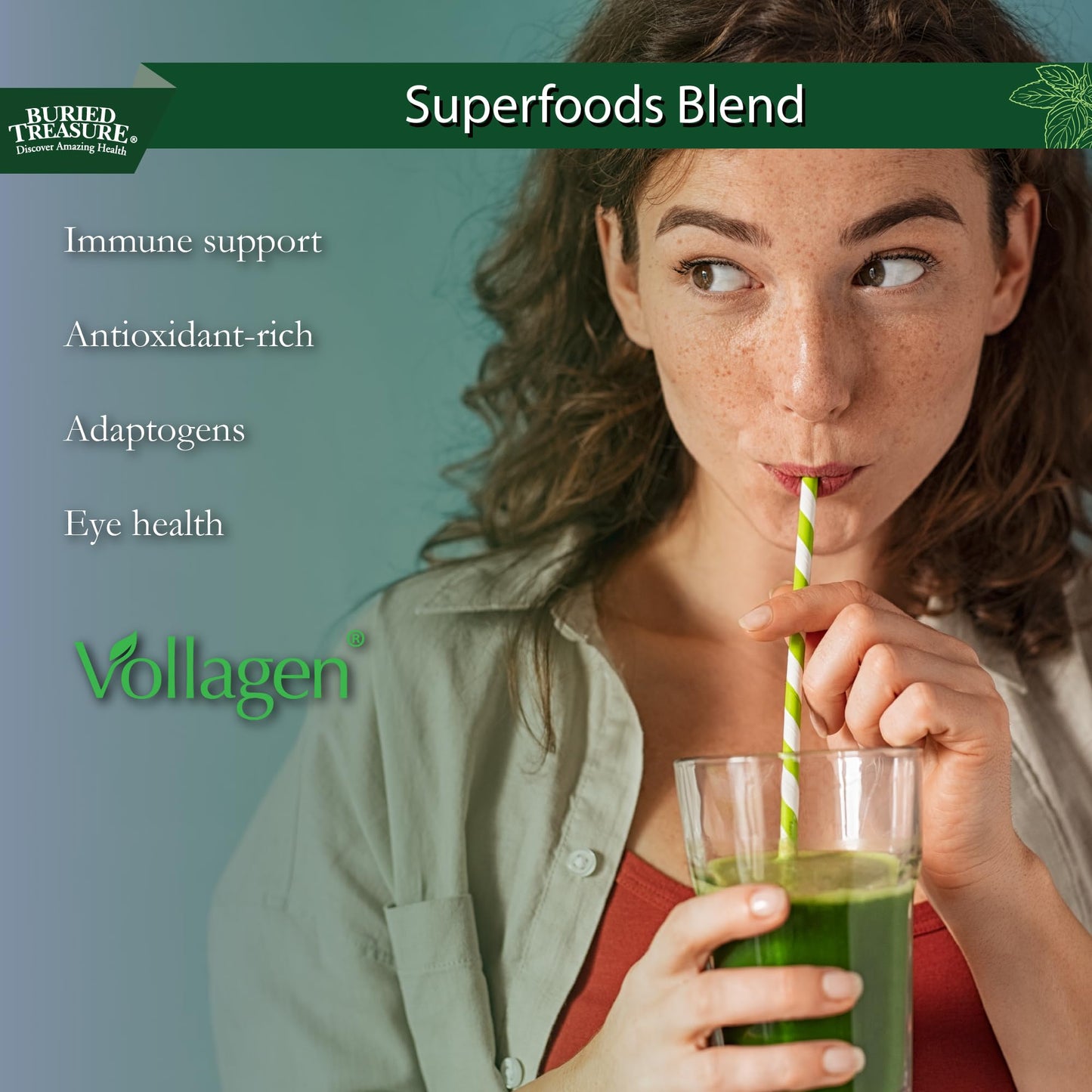 Buried Treasure Green20 Fusion – Superfood Blend with Vollagen for Skin, Hair, and Joint Support, Plant-Based, Vegan, Non-GMO Gluten-Free, Dairy-Free, Soy-Free, 32oz Liquid - dailyvitalstore