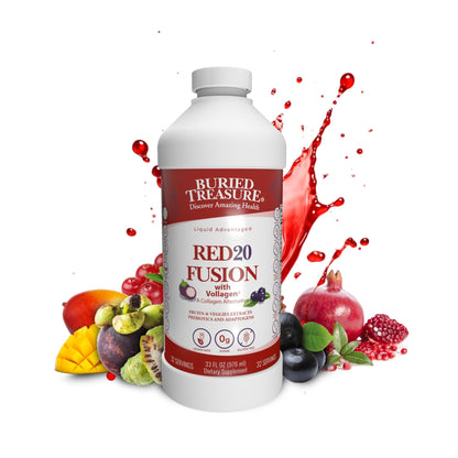 Buried Treasure Red20 Fusion Superfood Blend – Acai, Beets, Blueberry, Fiber, Adaptogens, Lutein, Vegan Vollagen, Natural Energy, Digestion, Eye Health & Wellness Support, 32oz Liquid - dailyvitalstore