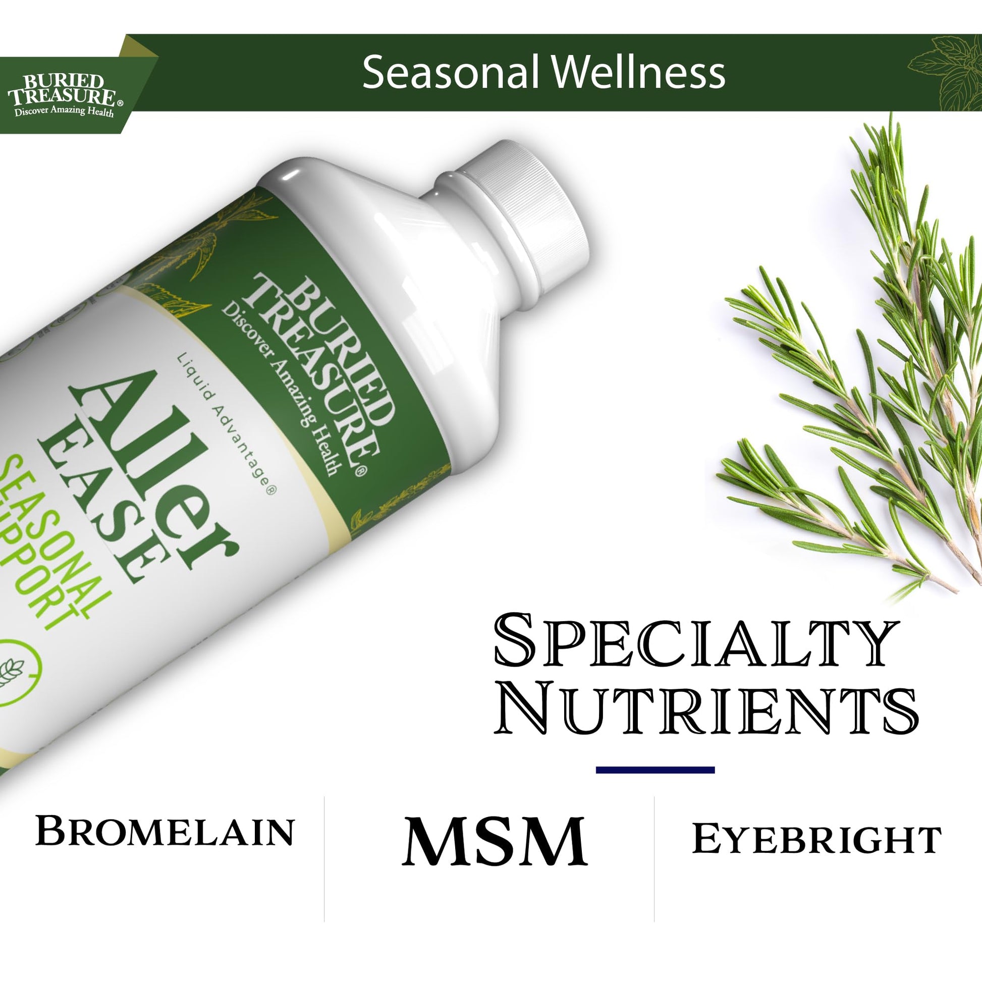 Buried Treasures Aller Ease - 16 fl oz. Liquid Supplement w/ Quercetin, Bromelain, Mullein, Supports Immune, Sinus Comfort, Non-Drowsy Herbal Formula - dailyvitalstore