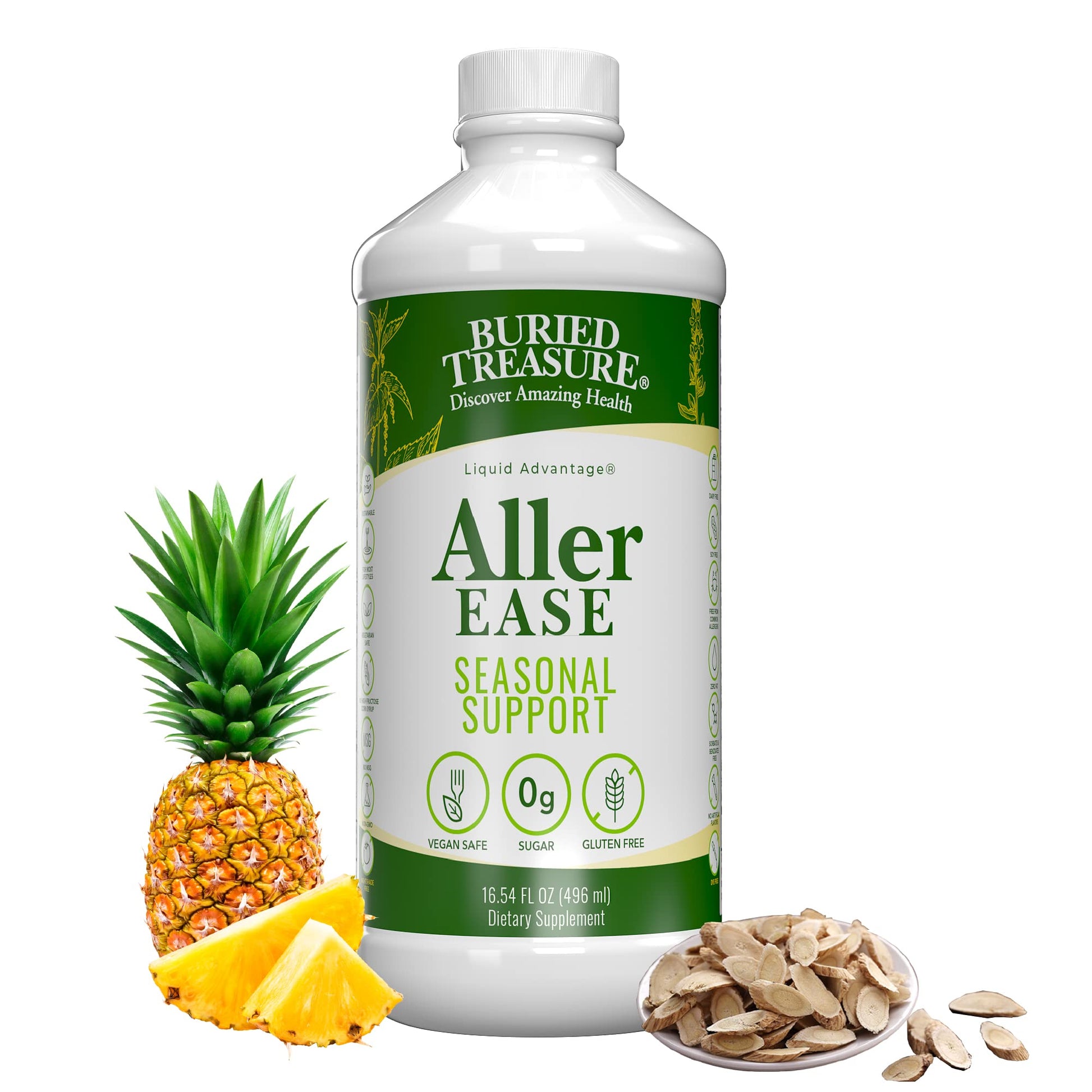 Buried Treasures Aller Ease - 16 fl oz. Liquid Supplement w/ Quercetin, Bromelain, Mullein, Supports Immune, Sinus Comfort, Non-Drowsy Herbal Formula - dailyvitalstore