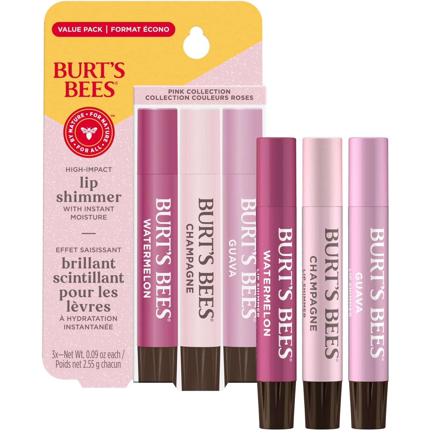 Burt's Bees Lip Shimmer Pink Collection, Tinted Lip Balm Stick, Moisturizing for All Day Hydration with Natural Glowy Pigmented Finish & Buildable Color, 3 Shades, Value Pack, 0.09 oz., Three Tubes - dailyvitalstore