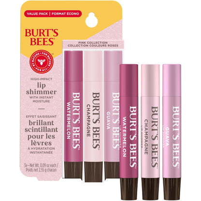 Burt's Bees Lip Shimmer Pink Collection, Tinted Lip Balm Stick, Moisturizing for All Day Hydration with Natural Glowy Pigmented Finish & Buildable Color, 3 Shades, Value Pack, 0.09 oz., Three Tubes - dailyvitalstore