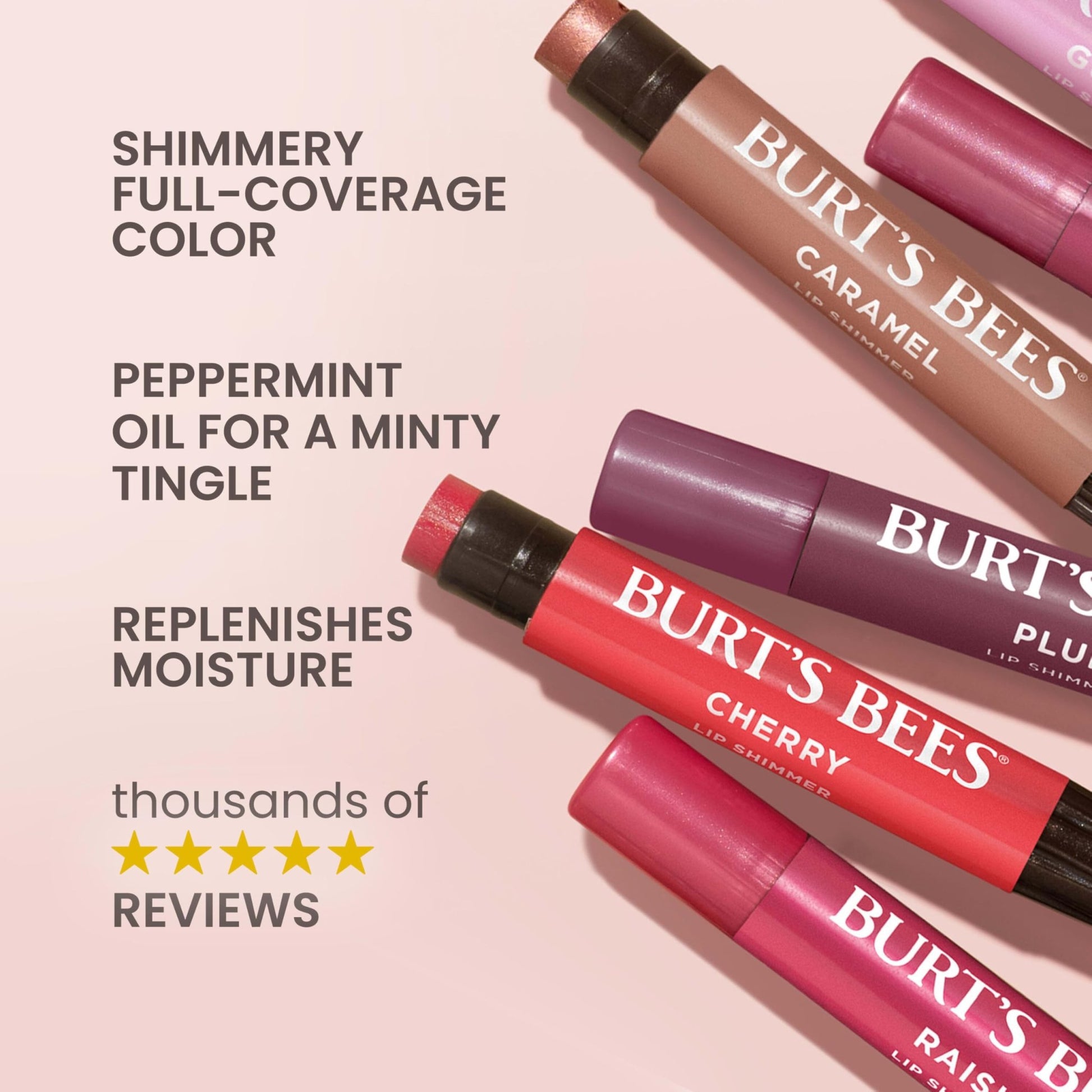 Burt's Bees Lip Shimmer Pink Collection, Tinted Lip Balm Stick, Moisturizing for All Day Hydration with Natural Glowy Pigmented Finish & Buildable Color, 3 Shades, Value Pack, 0.09 oz., Three Tubes - dailyvitalstore